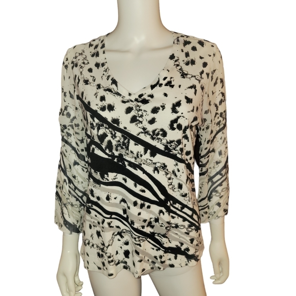Tantrums Top With Rhinestones and Sheer Sleeves M Black White